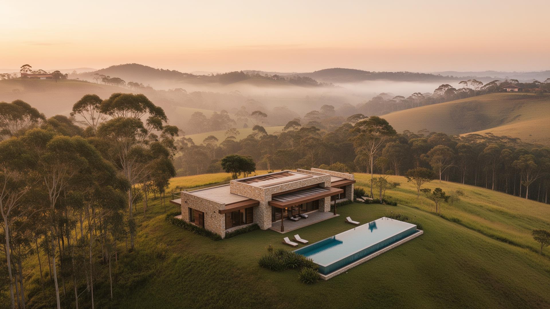 Aerial view of Alto Paraíso estate at dawn