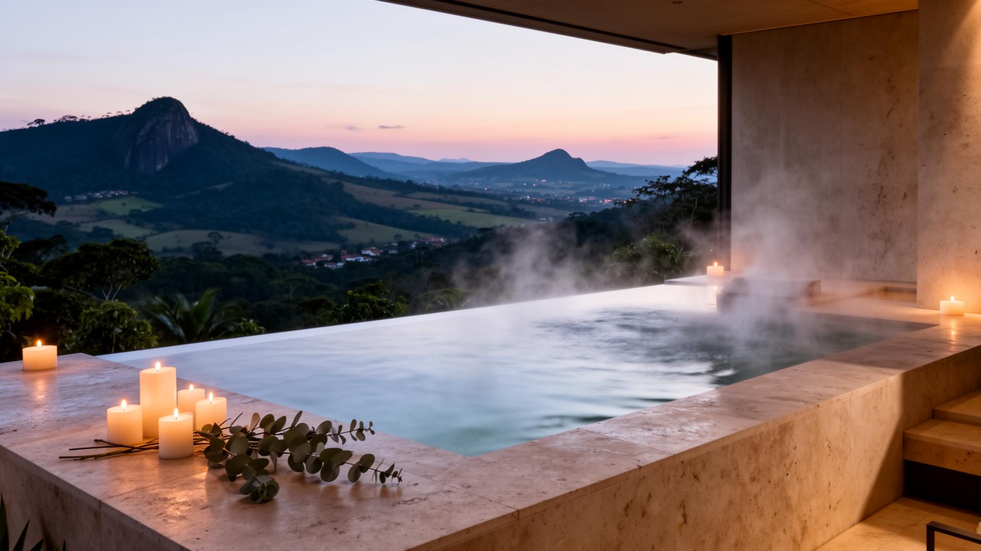 An outdoor spa bath at dusk overlooking the valley